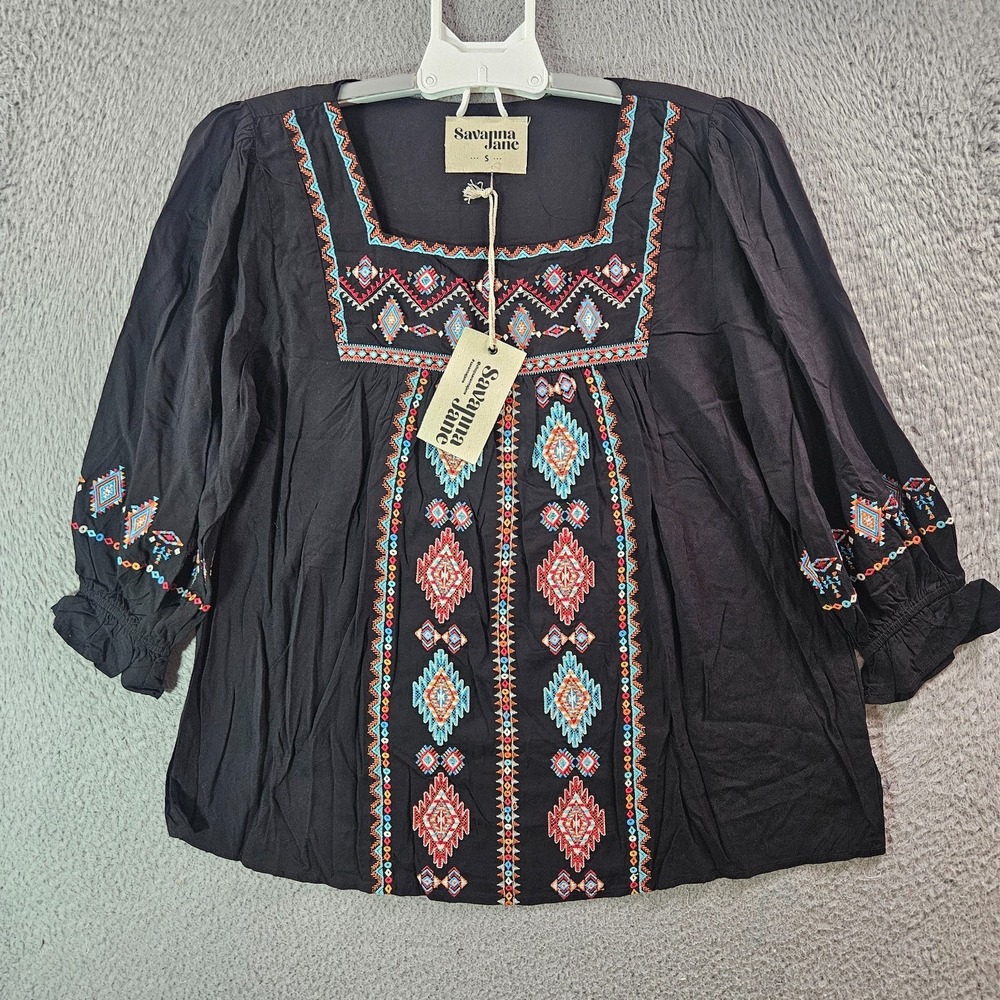 NEW Savanna Jane Top Blouse Women Small Colorful Embroidered Black